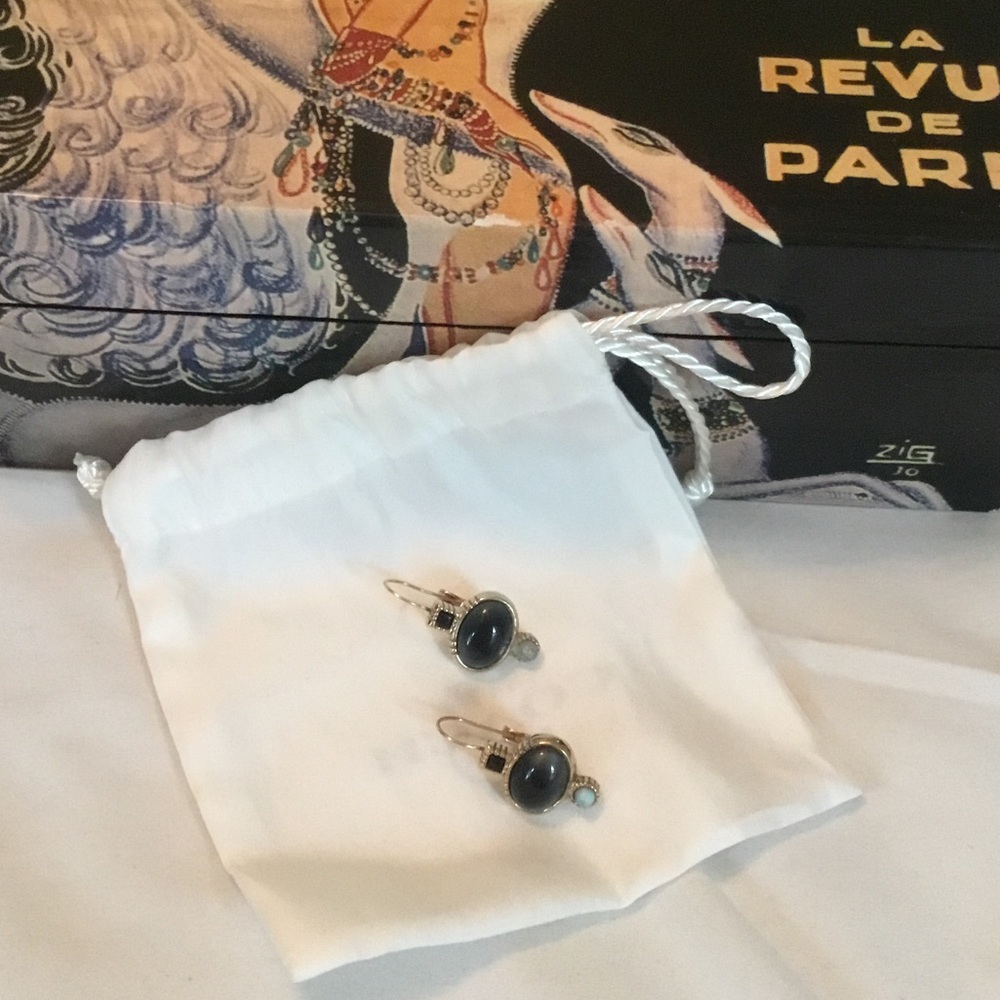 Gold-Tone Black Stone Drop Earrings with Aqua Accent